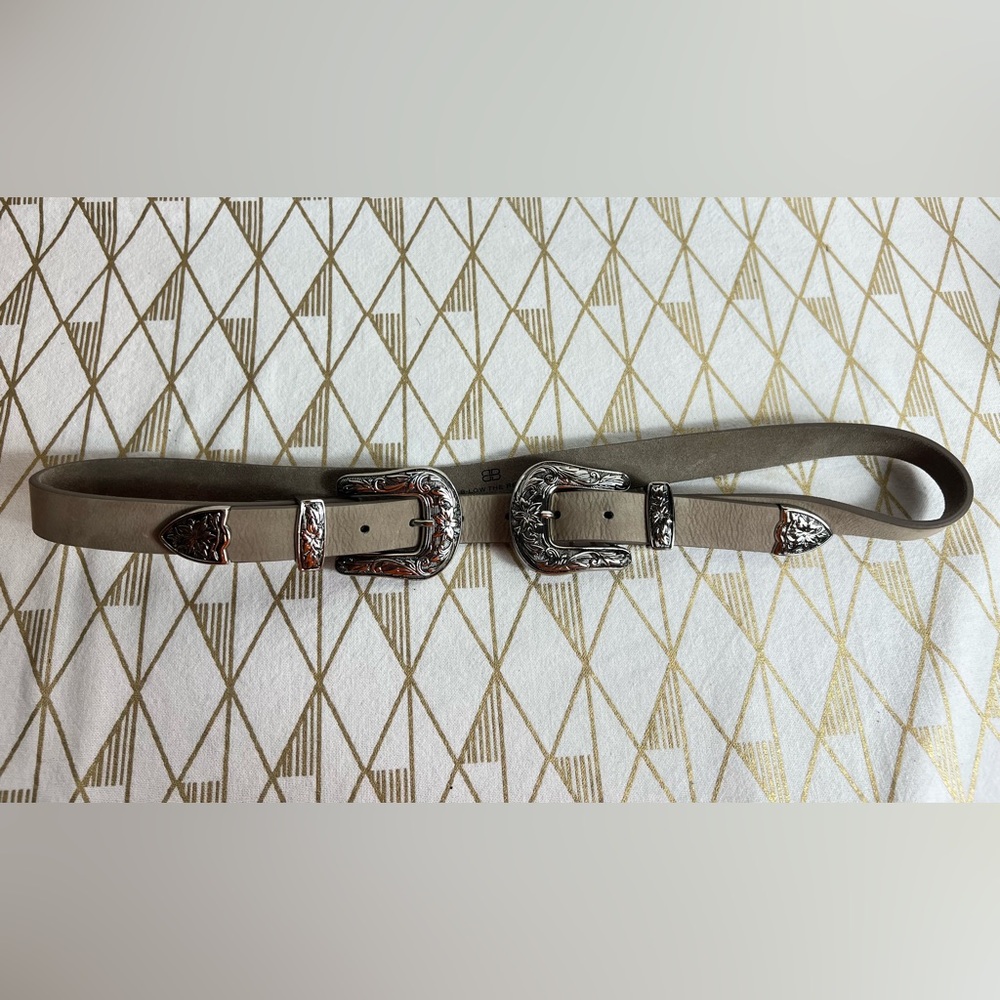 B-Low the Belt Bri Bri Double Buckle Genuine Leather Belt in Taupe Size L